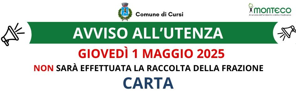GIOVEDÌ 1 MAGGIO 2025 RACCOLTA CARTA SOSPESA